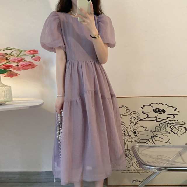 2色 ワンピース 半袖 春夏 きれいめ ロング フォーマル aライン aライン Aライン フレア ワンピドレス ぽわん袖 ボリューム袖 ボリューム